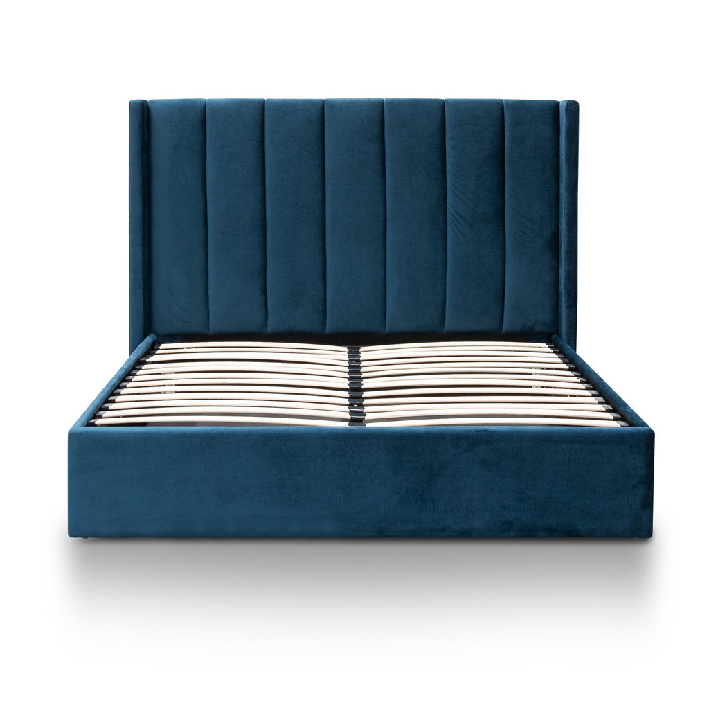 Queen Lazio Bed Frame - Teal Navy Velvet with Storage