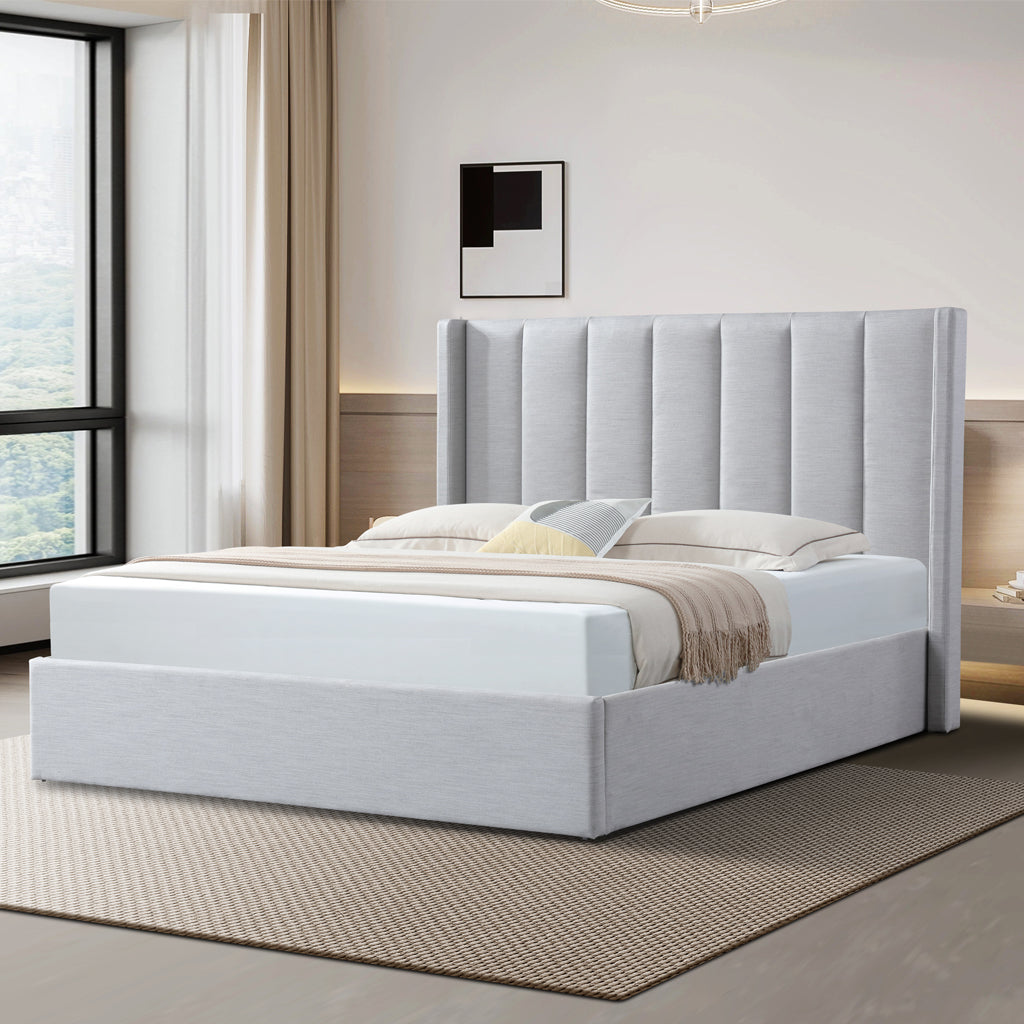 Fabric King Lazio Bed Frame - Pearl Grey with Storage