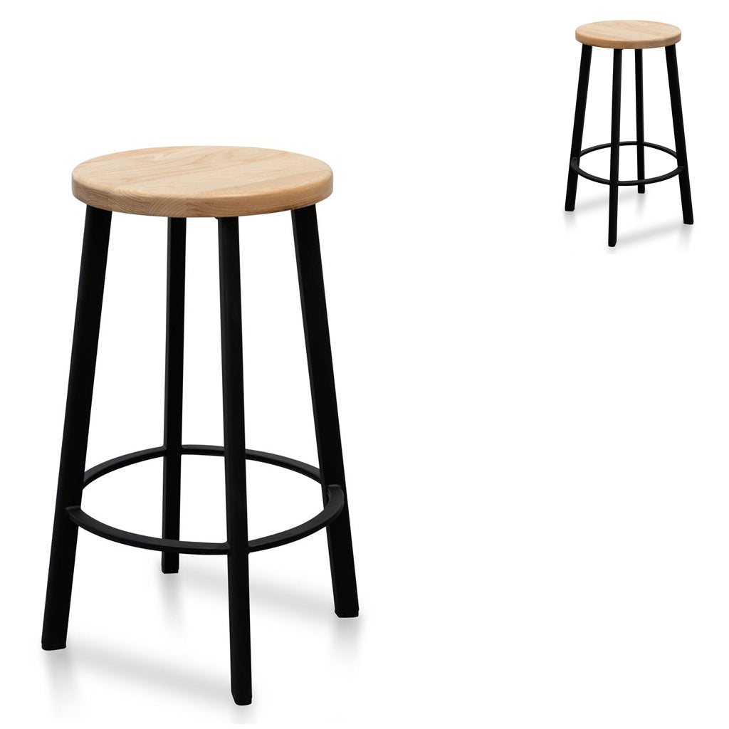 65cm Amalfi Bar Stool -With Natural Timber Seat - Black Frame (Set of 2)