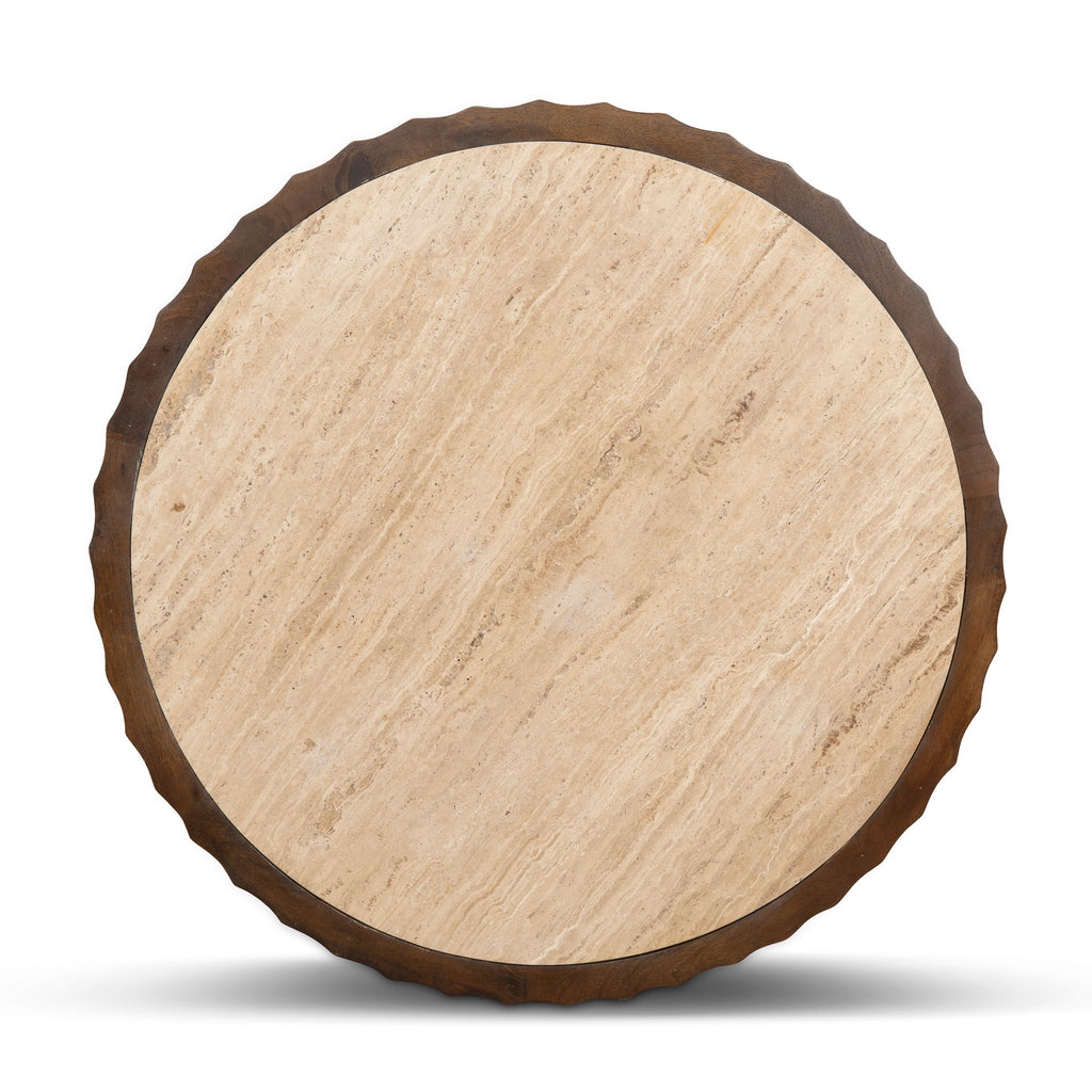 89cm Travertine Top Round Venezia Coffee Table - Walnut