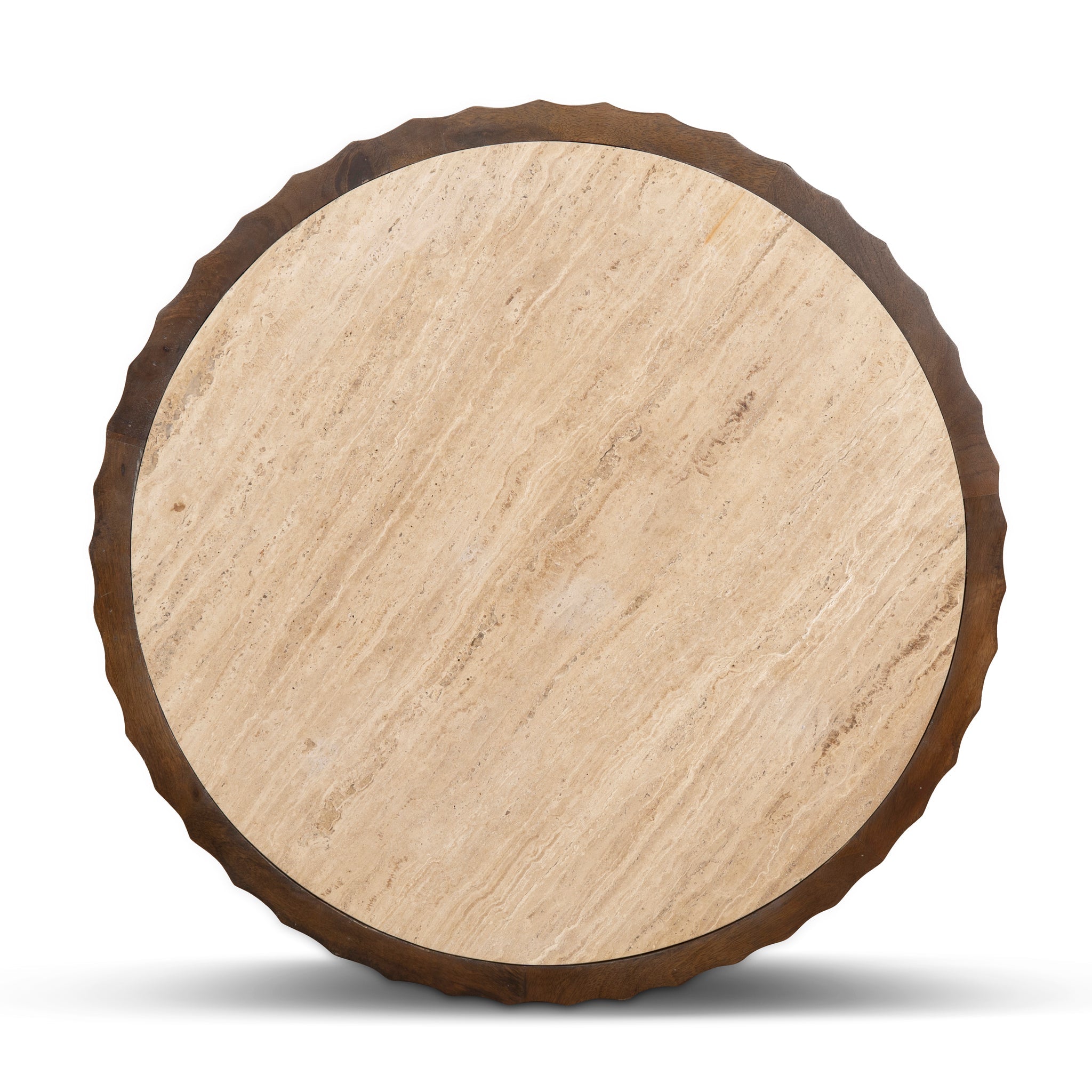 89cm Travertine Top Round Venezia Coffee Table - Walnut