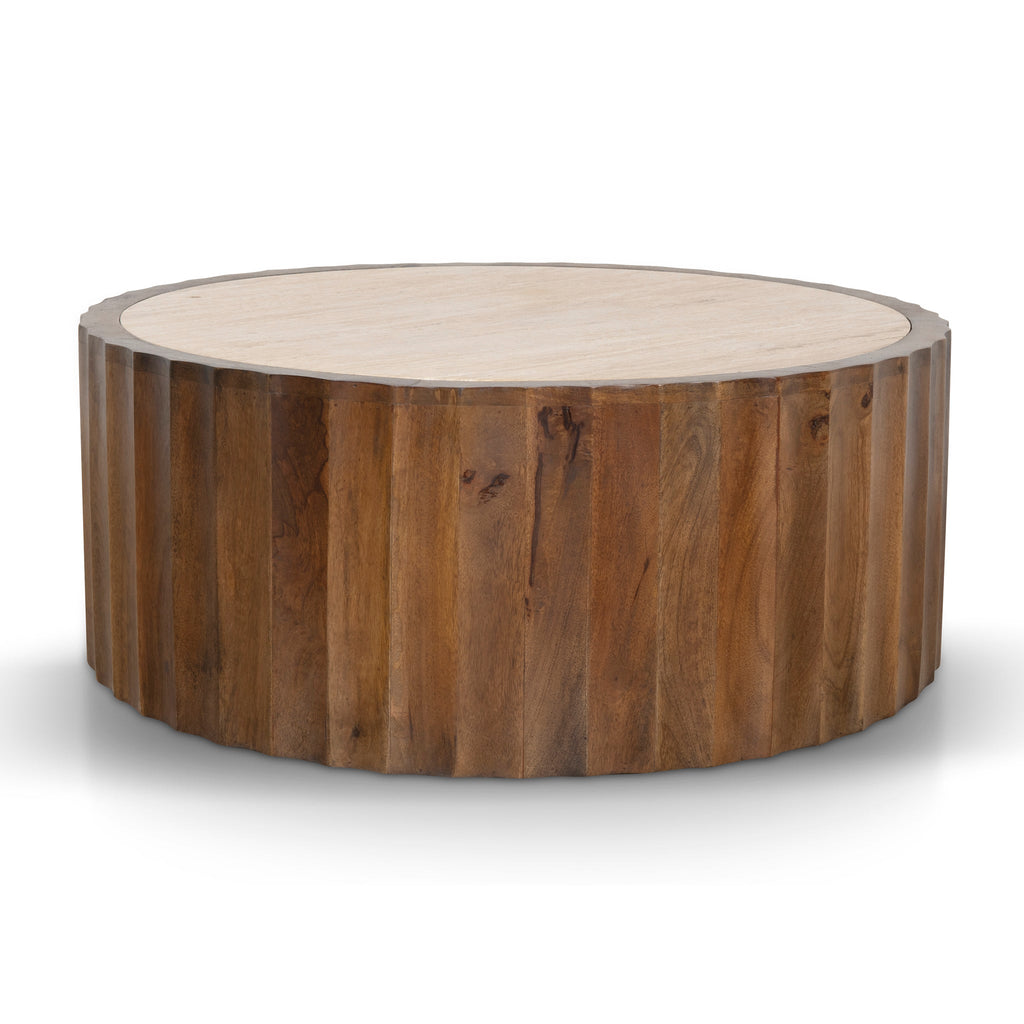 89cm Travertine Top Round Venezia Coffee Table - Walnut