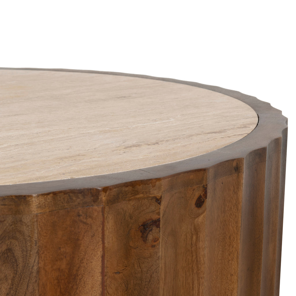 89cm Travertine Top Round Venezia Coffee Table - Walnut