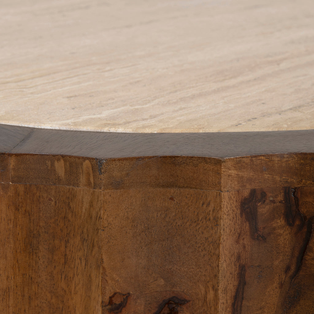 89cm Travertine Top Round Venezia Coffee Table - Walnut