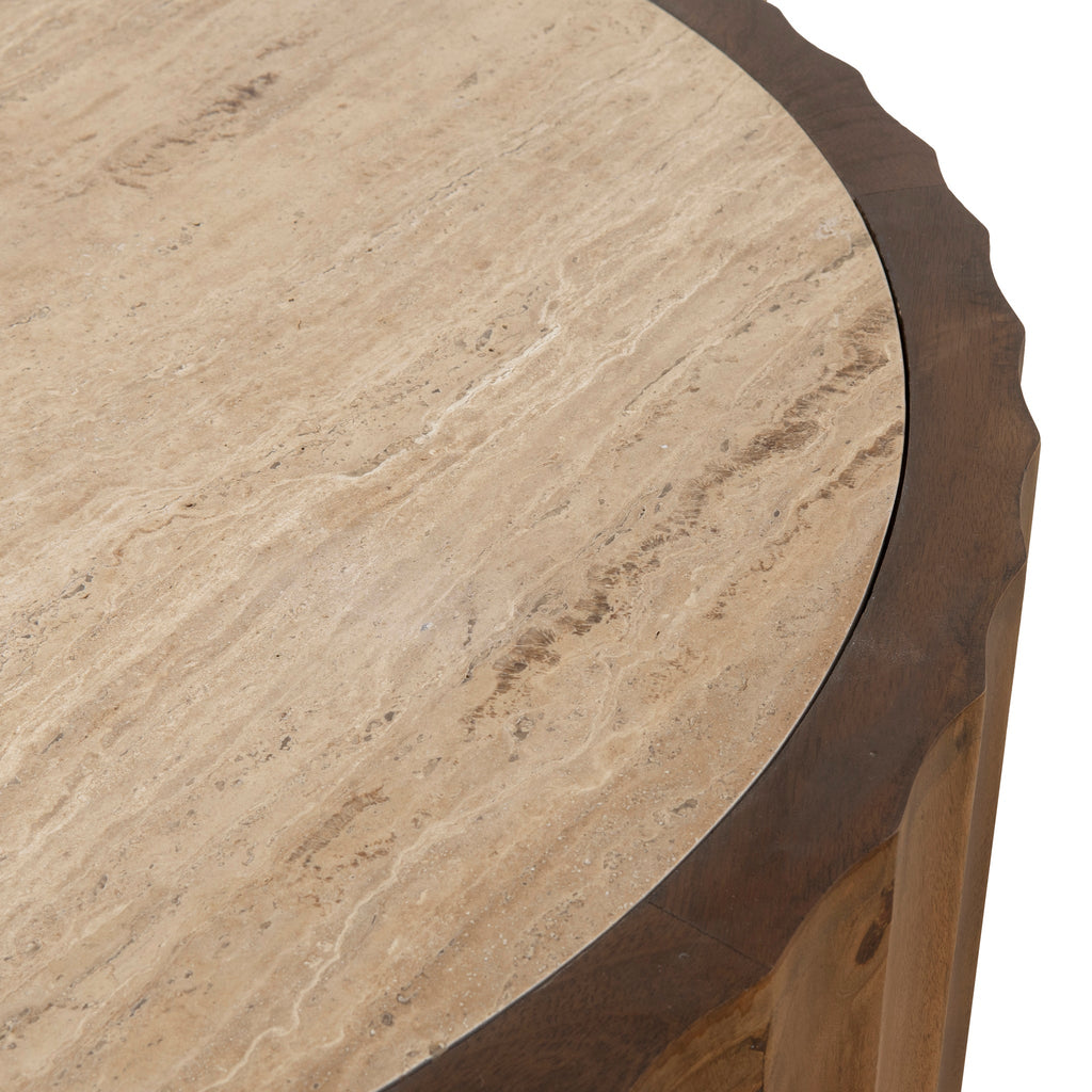 89cm Travertine Top Round Venezia Coffee Table - Walnut