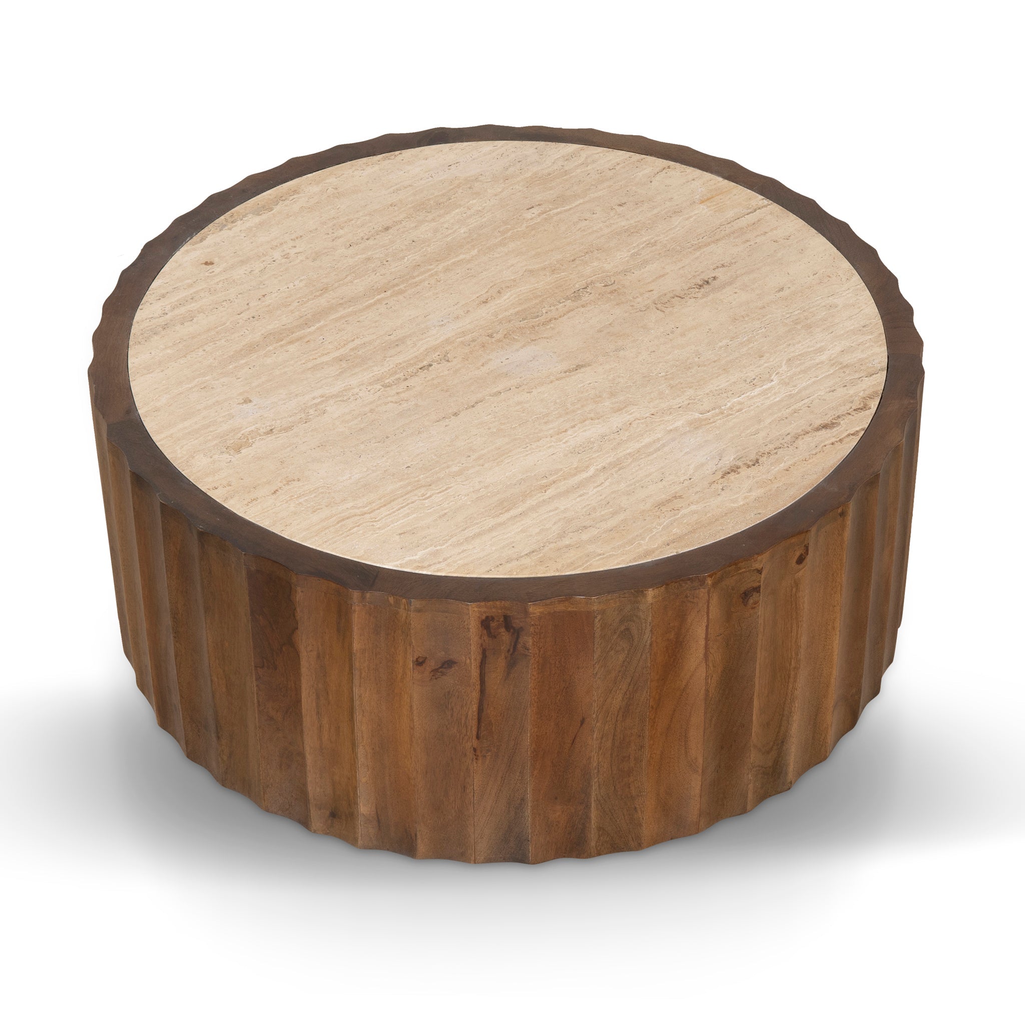 89cm Travertine Top Round Venezia Coffee Table - Walnut