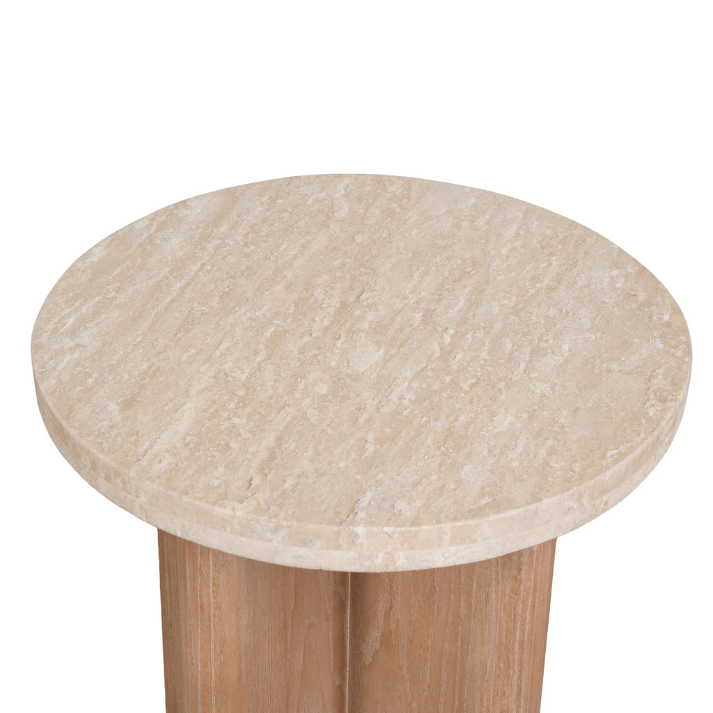 Travertine Marble Round Capri Side Table - Light Natural Elm