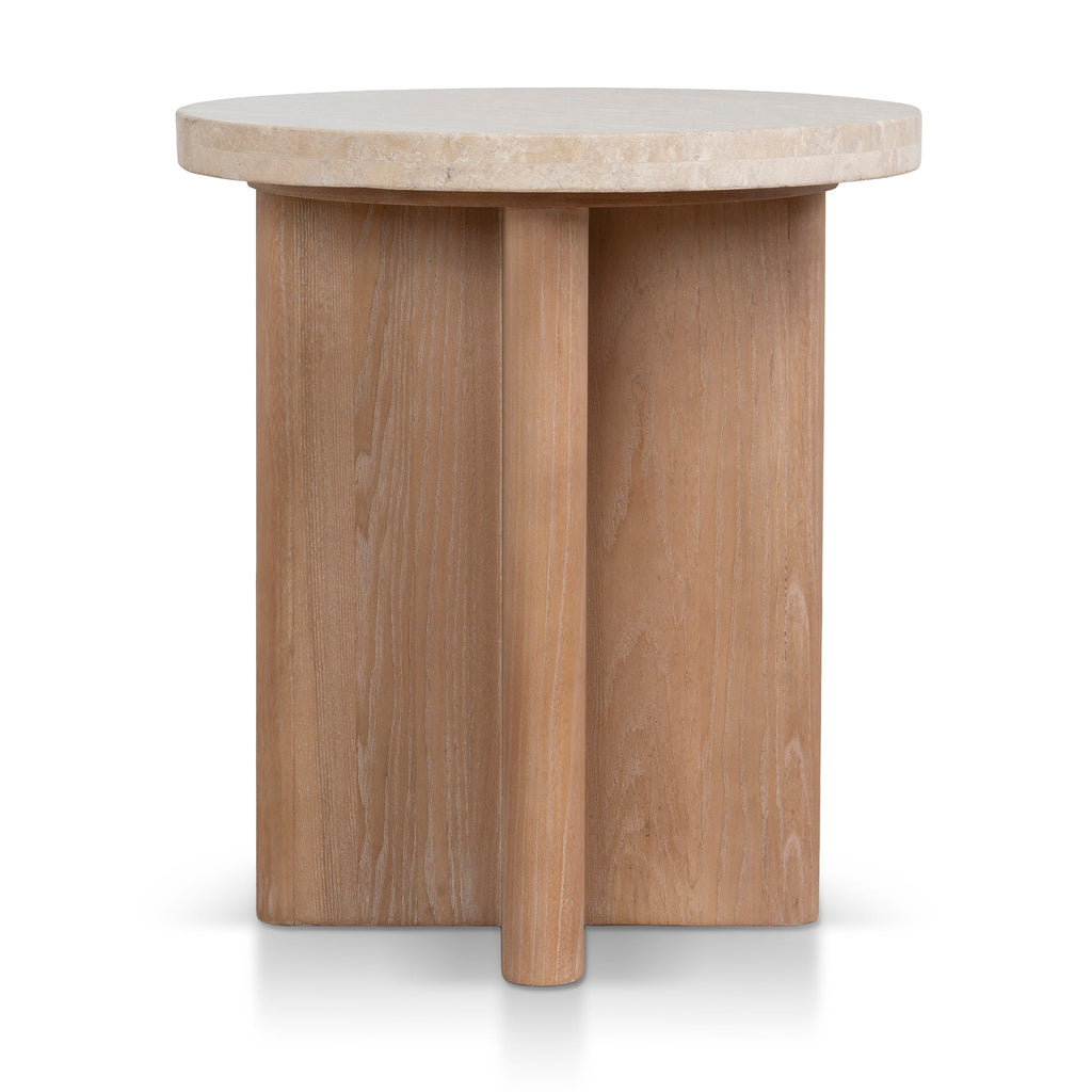 Travertine Marble Round Capri Side Table - Light Natural Elm