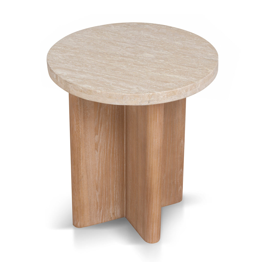 Travertine Marble Round Capri Side Table - Light Natural Elm