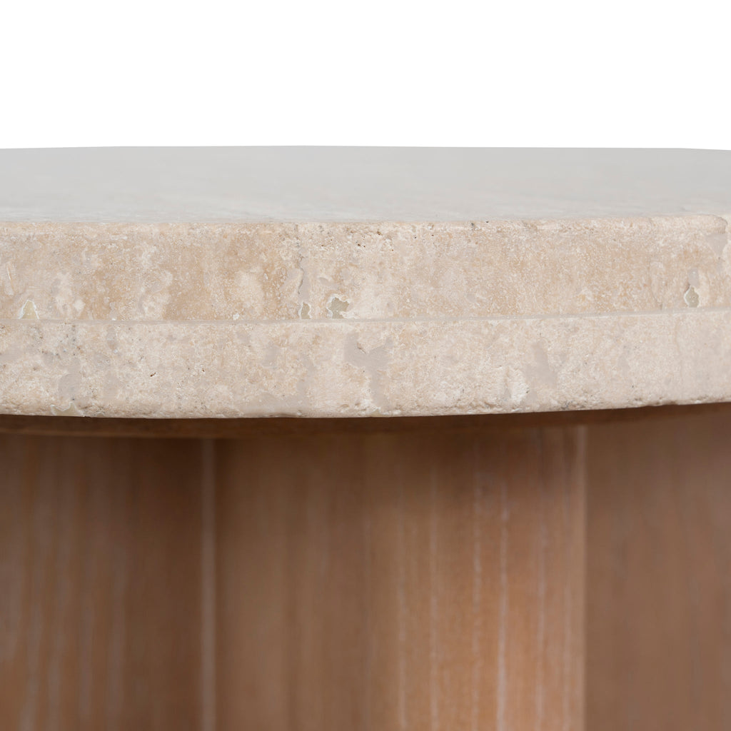 Travertine Marble Round Capri Side Table - Light Natural Elm