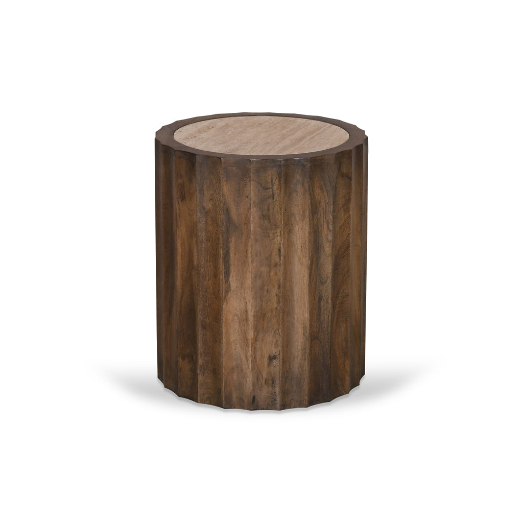 45cm Travertine Top Round Capri Side Table - Walnut