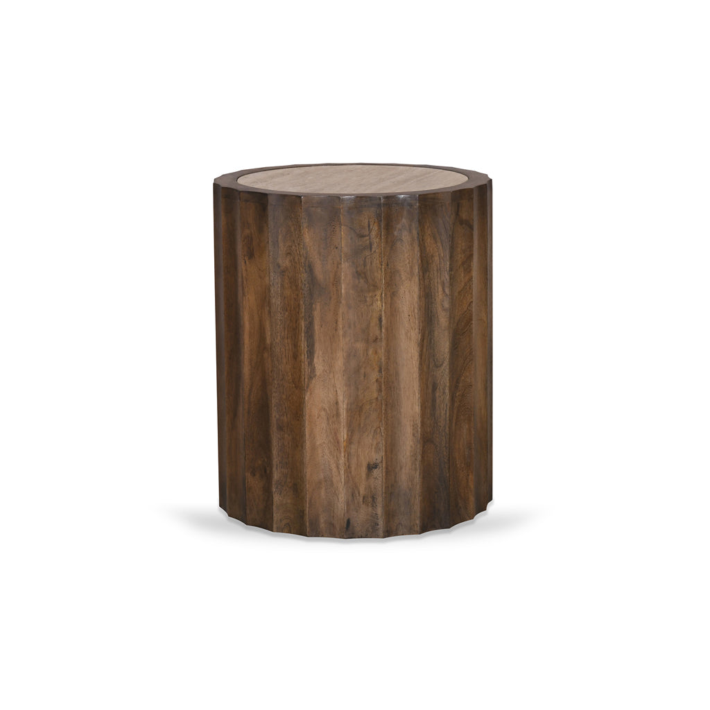 45cm Travertine Top Round Capri Side Table - Walnut