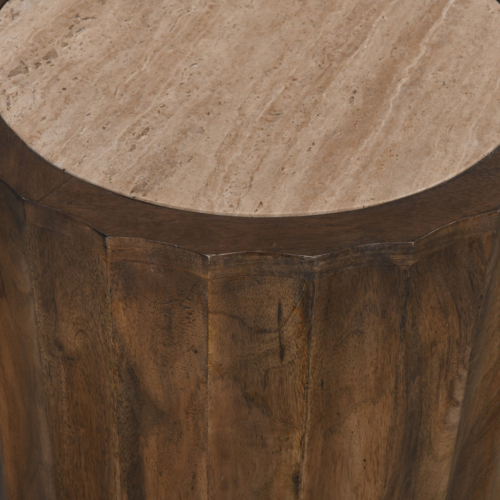 45cm Travertine Top Round Capri Side Table - Walnut