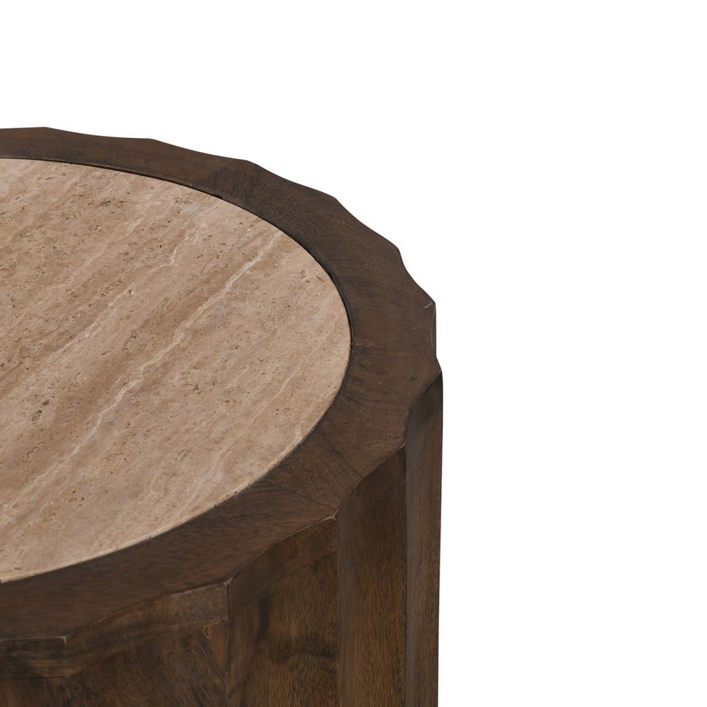 45cm Travertine Top Round Capri Side Table - Walnut